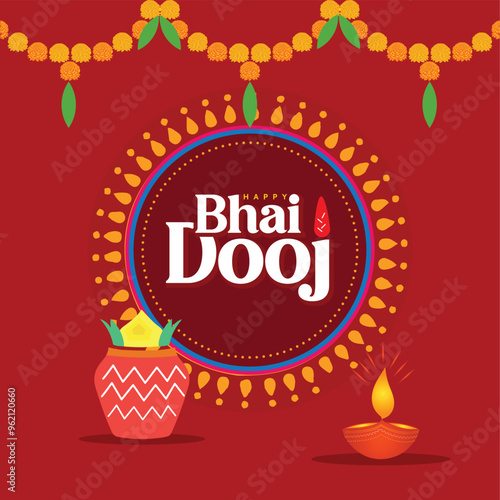 Happy bhai dooj celebration greeting card with indian Traditional clay pot, mandala, diya and merigold vector illustration photo