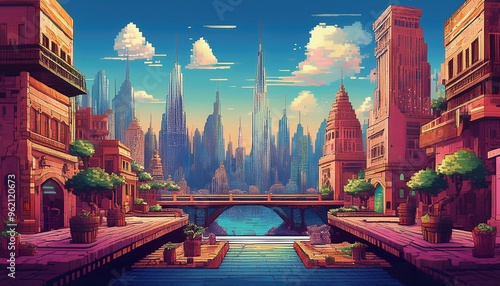 pixel art of  city containing skyscrapers and a river that adds to the beauty of the city