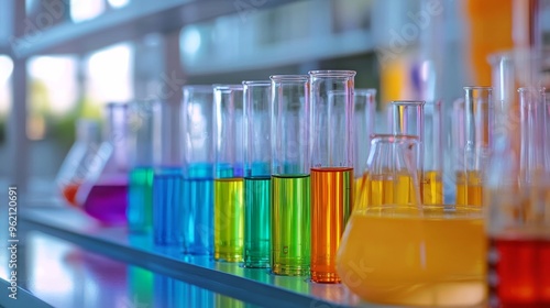 A biochemistry lab with colorful reactions taking place in various glassware,