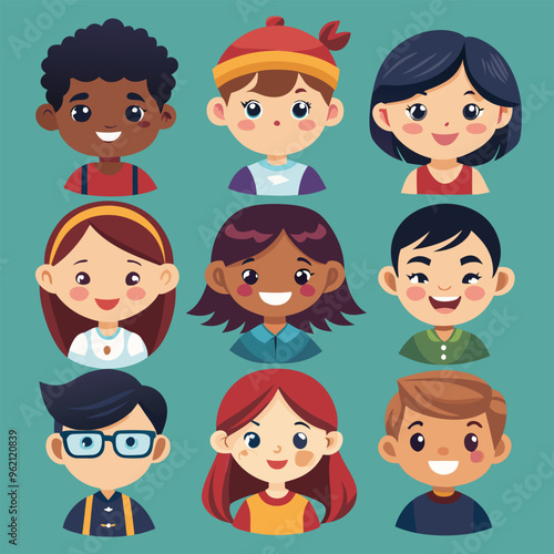 Character set of Avatars collection of children. Cute faces of different nationalities boys and girls. Vector illustration