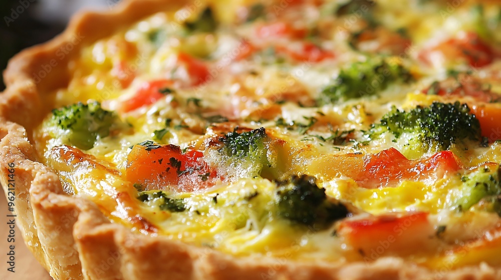 A close up of a fluffy quiche, filled with eggs, cheese, and vegetables, with a golden crust A close up of a fluffy quiche, filled with eggs, cheese, and vegetables, with a golden crust