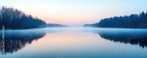 Drifting fog over a still lake at dawn, foggy weather, calm and ethereal