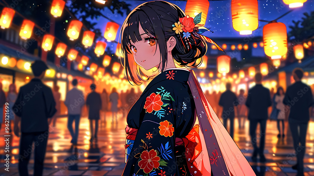 portrait of anime girl in close-up, young girl wearing a traditional clothing at lantern festival portrait of anime girl in close-up, young girl wearing a traditional clothing at lantern festival