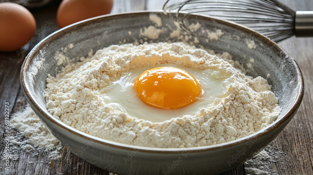A fresh egg being cracked open into a bowl of flour, ready for baking, with a whisk nearby A fresh egg being cracked open into a bowl of flour, ready for baking, with a whisk nearby