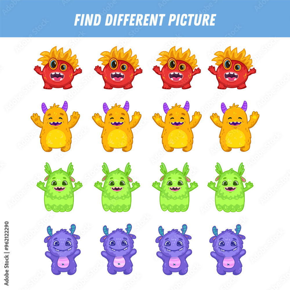 Fototapeta premium Find different monster each row. Logical game for kids. Cartoon character. Doodle. Vector illustration