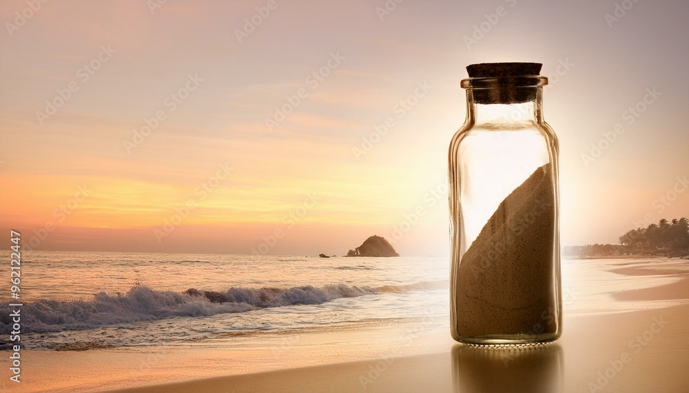 Glass bottle filled with sand close up, focus on, copy space Soft beige shades Double exposure silhouette with beach scenery Glass bottle filled with sand close up, focus on, copy space Soft beige shades Double exposure silhouette with beach scenery