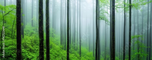 Morning mist rolling through a dense forest, foggy weather, mysterious ambiance