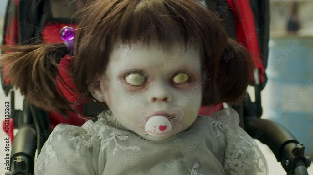 Zombie baby vomiting out pacifier in slow motion - close up Zombie baby vomiting out pacifier in slow motion - close up