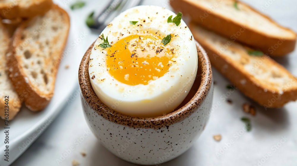 A soft-boiled egg in an egg cup, with the top sliced off to reveal the runny yolk, served with toast soldiers A soft-boiled egg in an egg cup, with the top sliced off to reveal the runny yolk, served with toast soldiers