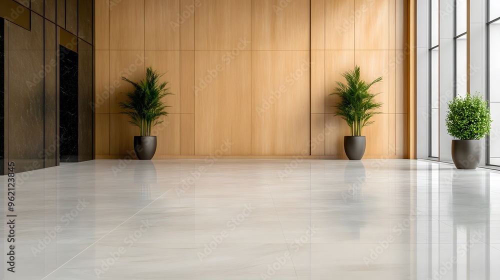 Modern empty interior space with wooden wall paneling, large glass windows, and minimalist potted plants for corporate or commercial use. Modern empty interior space with wooden wall paneling, large glass windows, and minimalist potted plants for corporate or commercial use.