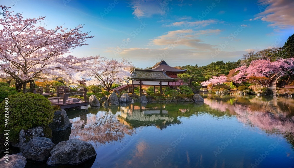 A serene Japanese garden with cherry blossom trees in full bloom. A serene Japanese garden with cherry blossom trees in full bloom.