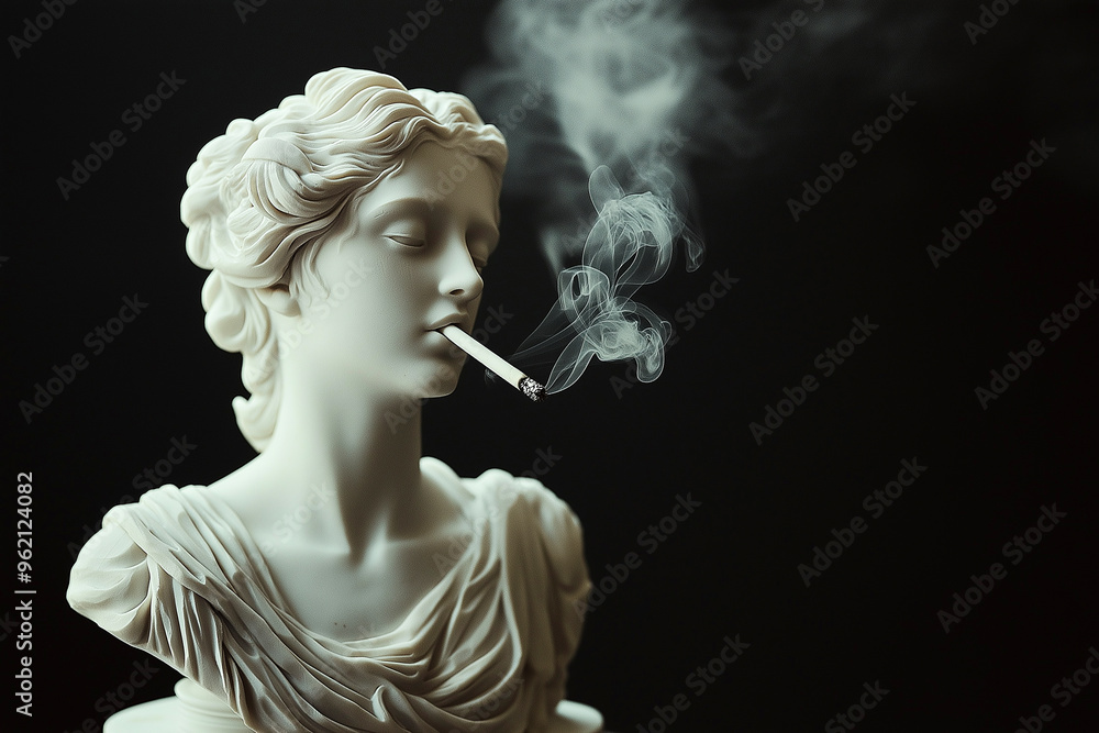 Obraz premium Classic Greek statue smoking. Modern minimal art concept. Smoking addiction. Relaxed Greek goddess statue smoking a cigarette. Marijuana, legalization of cannabis