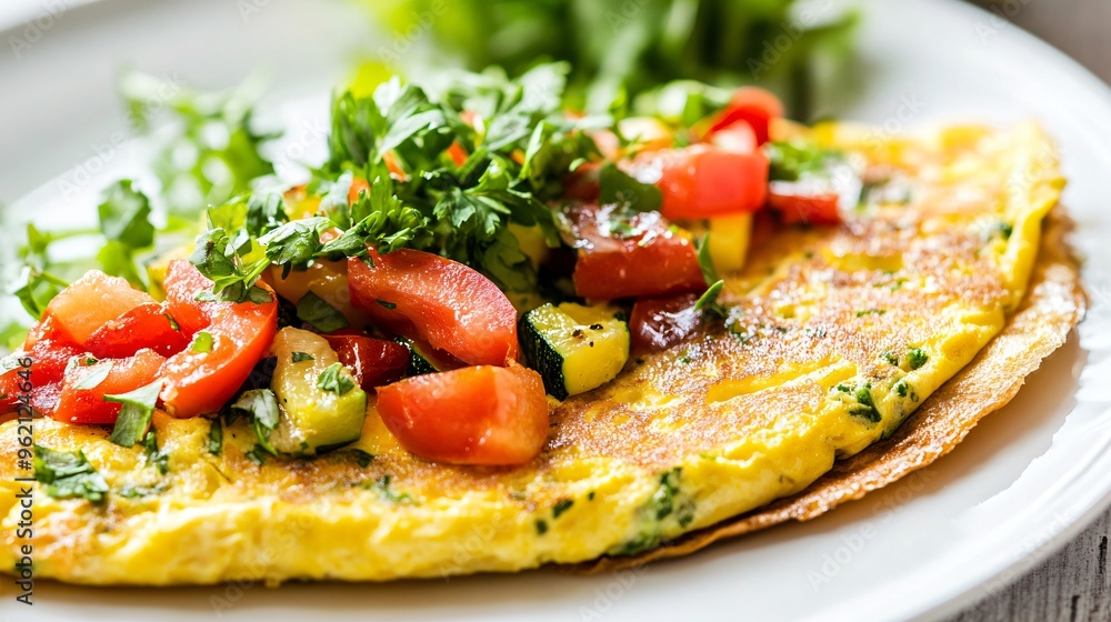 A vibrant omelette filled with vegetables, cheese, and herbs, garnished with fresh greens and served on a white plate A vibrant omelette filled with vegetables, cheese, and herbs, garnished with fresh greens and served on a white plate