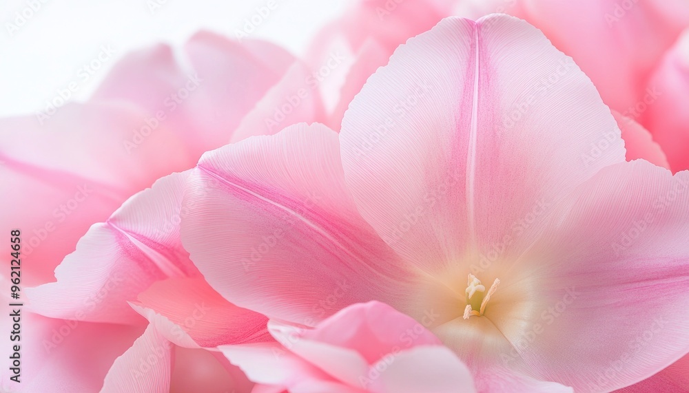 Naklejka premium A close-up of delicate pastel pink tulip petals, set against a soft white background.