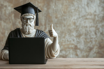 Classic sculpture thumbs up studying at the laptop. Greek god statue wearing black Graduate cap. Classical education, online school, obtaining a university diploma. The best course to study online