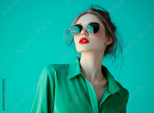 Wallpaper Mural Portrait of a beautiful woman with sexy lips in a green shirt and sunglasses isolated on a bright blue background. Advertising concept of fashion business, makeup, skincare, carefree lifestyle, wellne Torontodigital.ca