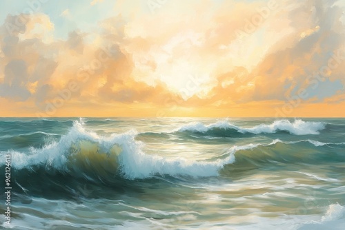 Ocean Waves Crashing Under a Golden Sunset Sky