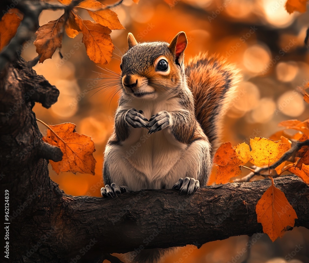 Squirrel on Oak Branch in Autumn, National Geographic Style, AI generated illustration Squirrel on Oak Branch in Autumn, National Geographic Style, AI generated illustration