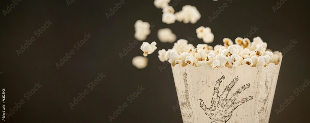 A Halloween-themed popcorn bucket with the hand of a zombie reaching out from inside, popcorn flying everywhere A Halloween-themed popcorn bucket with the hand of a zombie reaching out from inside, popcorn flying everywhere