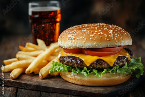 Hamburger with lettuce, accompanied by french fries, with a glass of cola.