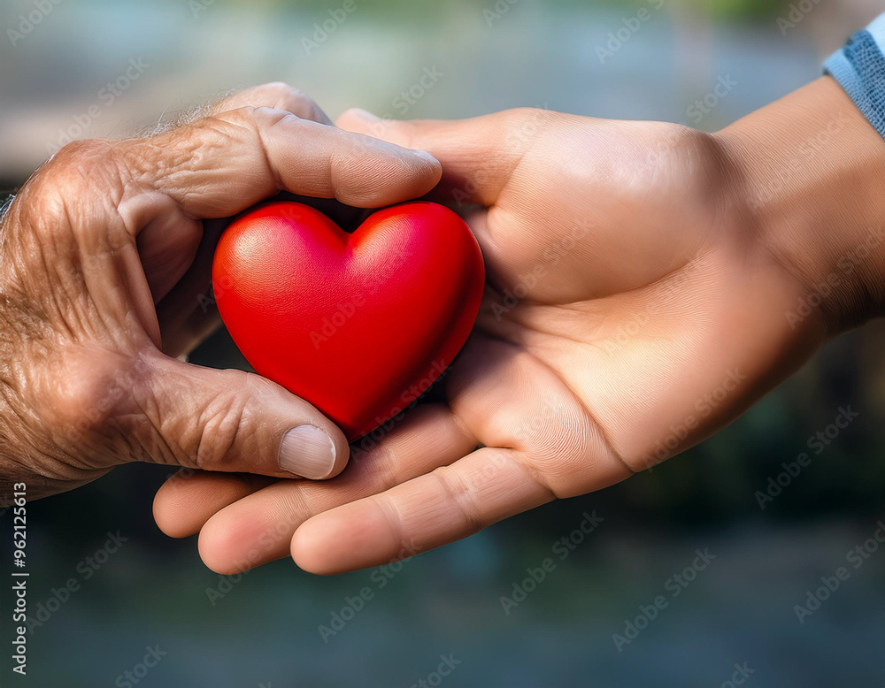 A hand giving a heart in another hand, giving life, love A hand giving a heart in another hand, giving life, love