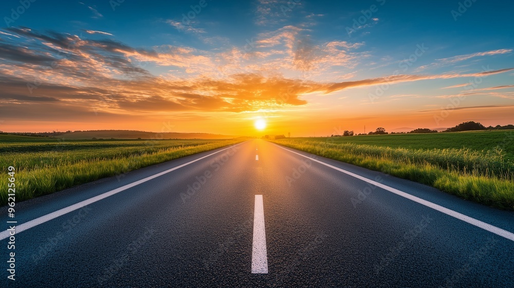 Naklejka premium Empty asphalt highway road leading to beautiful sunset with cloudy sky and greenery