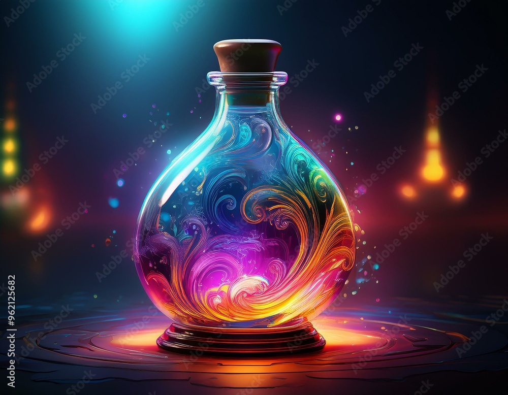 Glowing magical potion bottle, colorful liquids Glowing magical potion bottle, colorful liquids