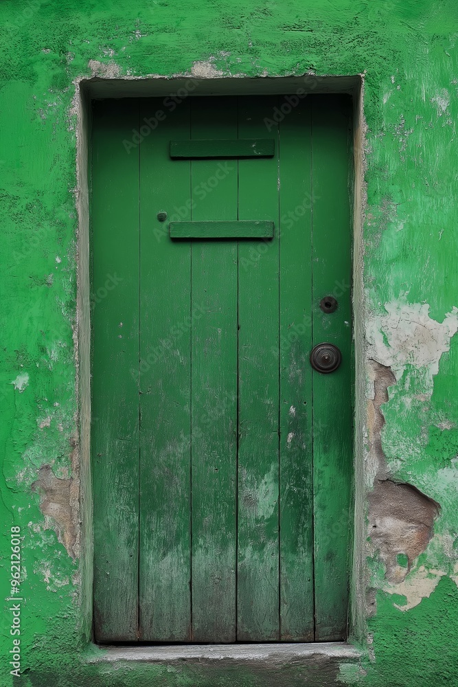 A rustic green door with peeling paint stands weathered on an old wall, presenting a vintage, aged aesthetic. A rustic green door with peeling paint stands weathered on an old wall, presenting a vintage, aged aesthetic.