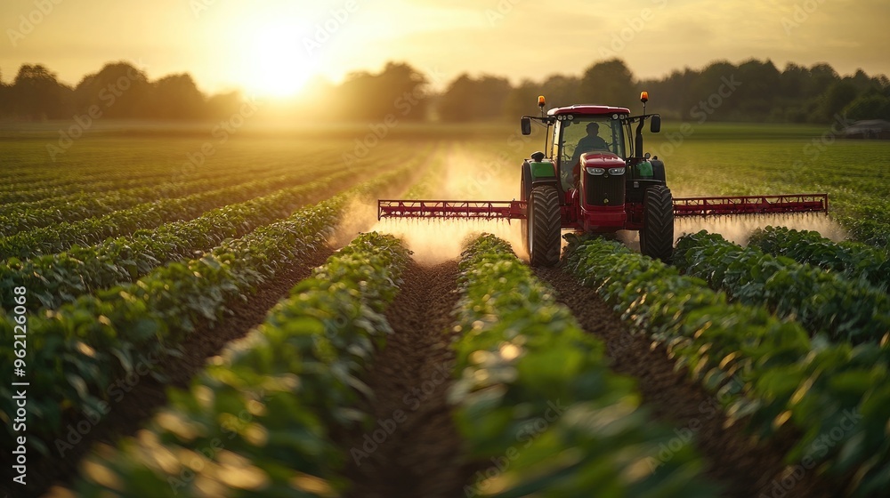 Modern Tractor Spraying Pesticides in Agricultural Field Modern Tractor Spraying Pesticides in Agricultural Field