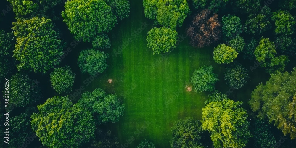 Aerial shot captures a central clearing surrounded by dense, vibrant trees, showcasing the lushness of the forest. Aerial shot captures a central clearing surrounded by dense, vibrant trees, showcasing the lushness of the forest.