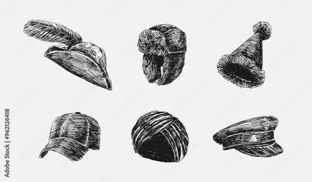 Set collection scribble drawing of pirate hat, winter cap, birthday hat, baseball cap, turban, police hat. Vector illustration. Set collection scribble drawing of pirate hat, winter cap, birthday hat, baseball cap, turban, police hat. Vector illustration.