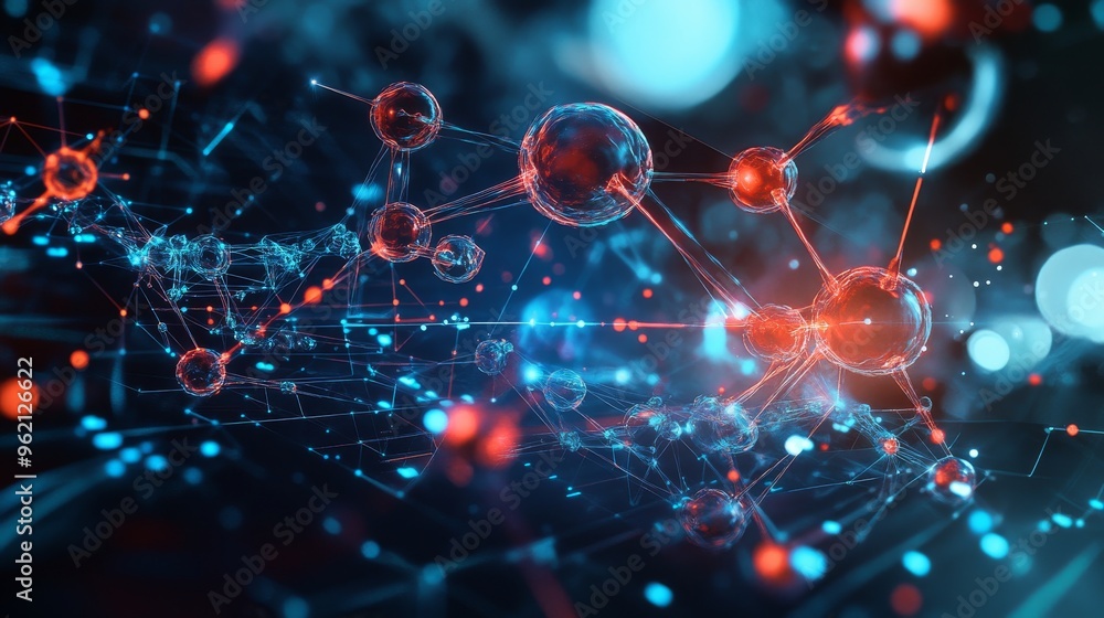 Obraz premium A digital interface showing the convergence of biology, chemistry, and physics in a complex experiment.