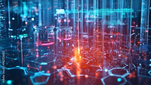 A digital interface showing the convergence of biology, chemistry, and physics in a complex experiment.