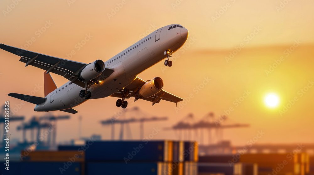 An airplane takes off at sunset, with cargo containers in the foreground, creating a vibrant industrial and travel scene. An airplane takes off at sunset, with cargo containers in the foreground, creating a vibrant industrial and travel scene.