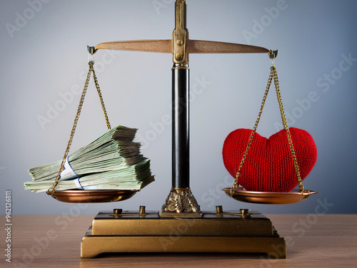 Close-up with a scale weighing a heart and money