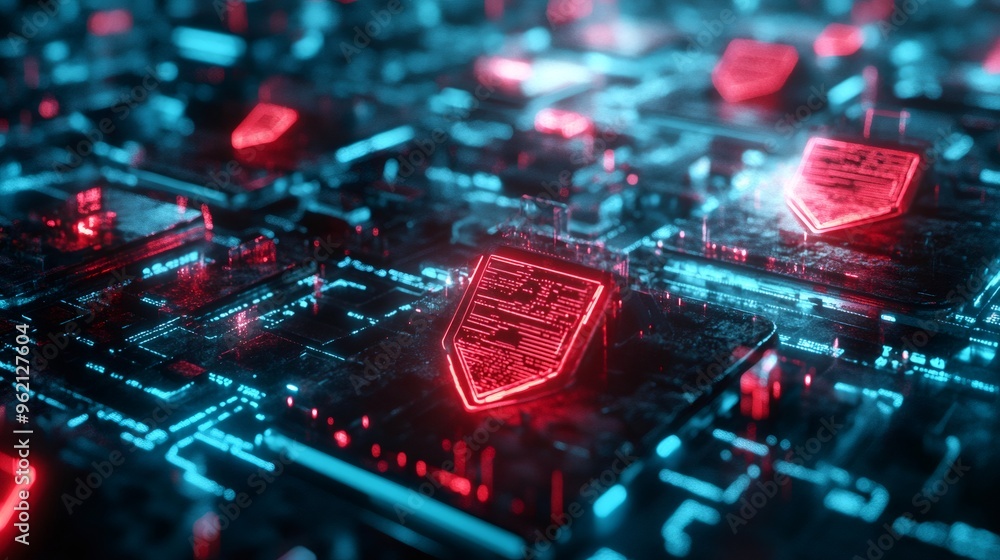 Fototapeta premium Abstract futuristic background with glowing red and blue neon lights on a dark surface.