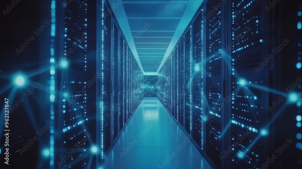 Dimly lit server room with glowing blue lights, data connections forming a network across the servers. Futuristic digital network infrastructure. Dimly lit server room with glowing blue lights, data connections forming a network across the servers. Futuristic digital network infrastructure.