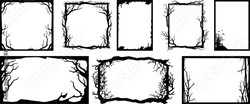 Set of Vector Tree Branch Frames for Halloween and Gothic Designs, Spooky Black and White Borders Perfect for Invitations, Posters, and Dark-Themed Art Projects