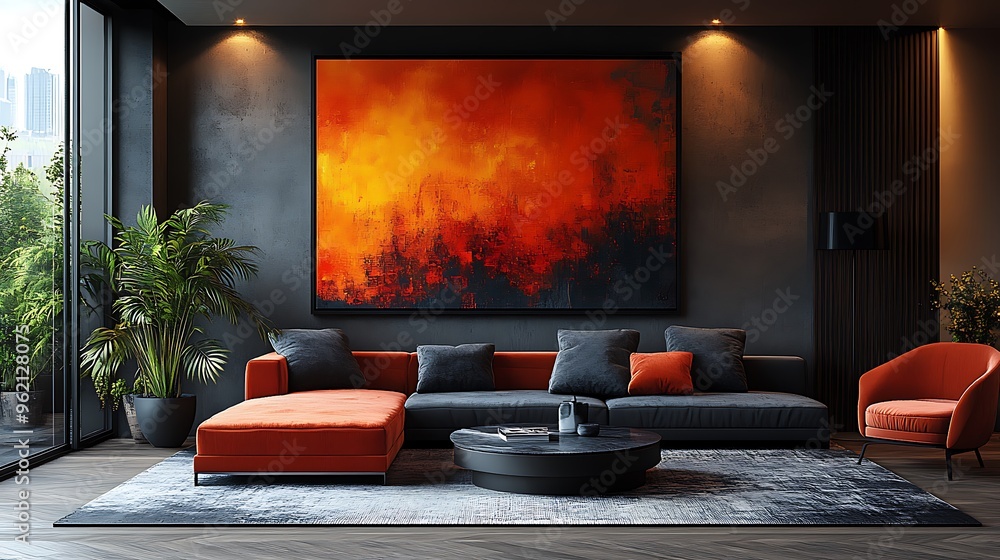 Modern living room interior with a large abstract painting above the sofa. Modern living room interior with a large abstract painting above the sofa.