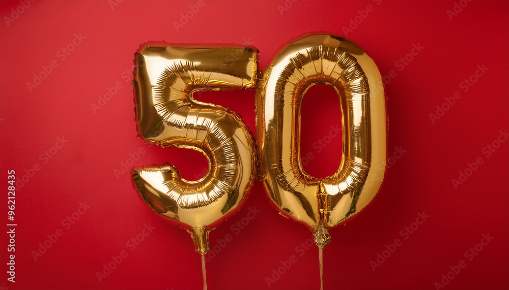 Balloon in shape of number 50 against vivid red backdrop. Happy Birthday. Holiday celebration Balloon in shape of number 50 against vivid red backdrop. Happy Birthday. Holiday celebration