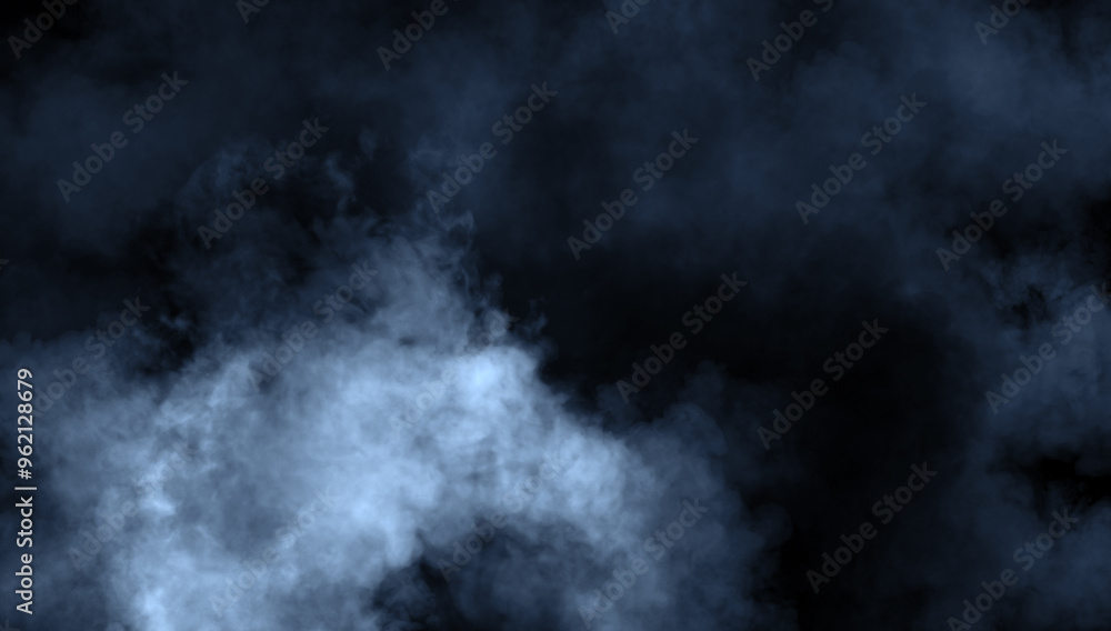 Fototapeta premium Abstract blue misty fog on isolated black background. Smoke stage studio. Texture overlays. The concept of aromatherapy.