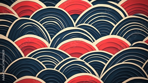 Abstract Pattern of Interlocking Arcs in Red, White, and Blue