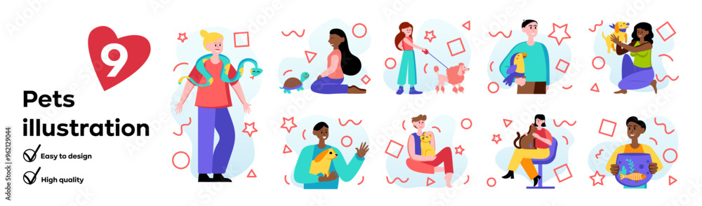 Set of pets concept with people scene in the flat cartoon style. The image shows a colorful illustration of nine different people and their pets. Vector illustration. Set of pets concept with people scene in the flat cartoon style. The image shows a colorful illustration of nine different people and their pets. Vector illustration.