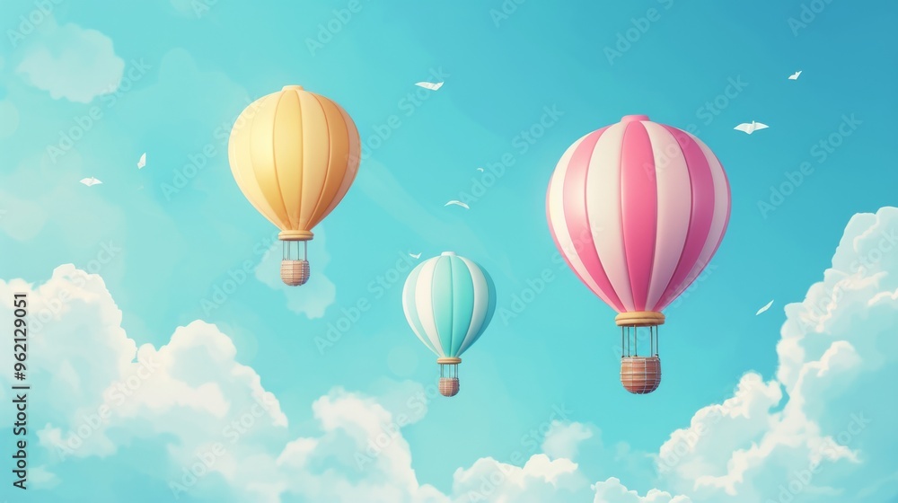 Fototapeta premium Three pastel-colored hot air balloons float peacefully in a clear blue sky with fluffy white clouds. The scene exudes tranquility and adventure, perfect for themes of travel, exploration, or dreamlike