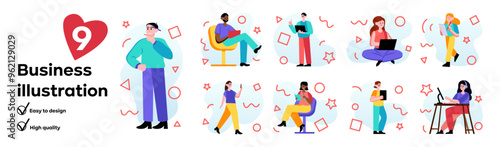 Set of business concept with people scene in the flat cartoon style. This illustration shows people of different ethnicities and genders performing various business tasks. Vector illustration.