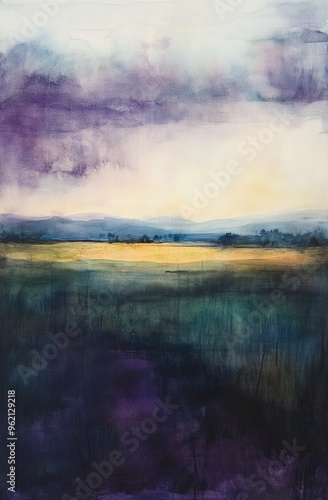 Moody Watercolor Landscape with Purple and Blue Hues, AI generated illustration