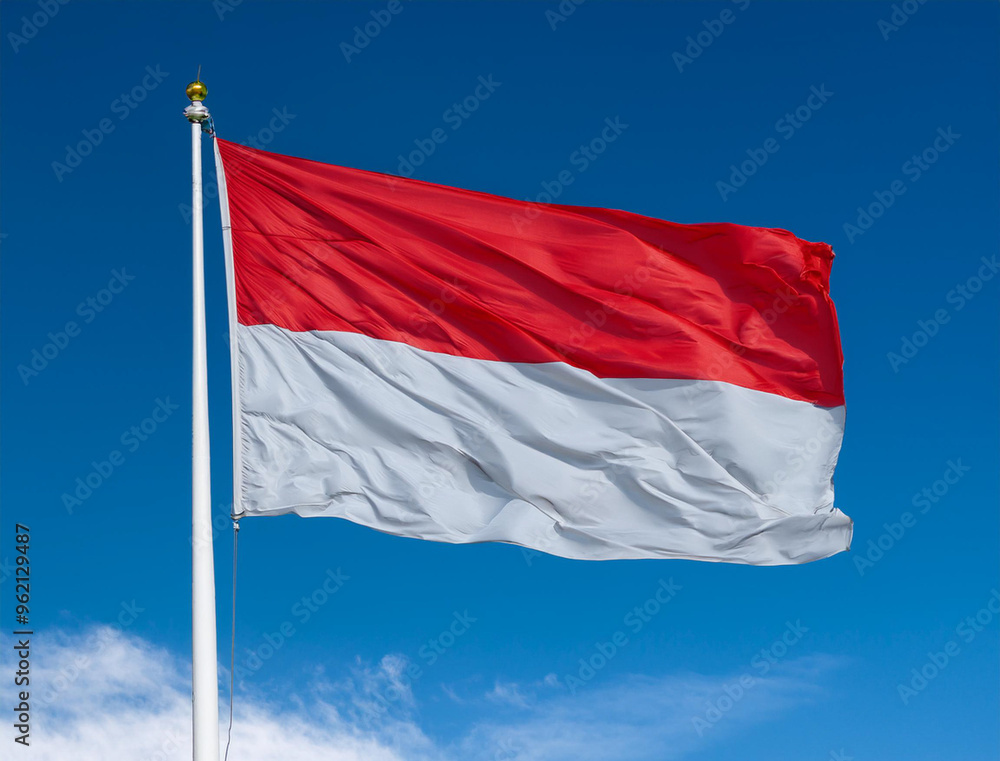 Indonesia flag waving in the wind against a blue sky background Indonesia flag waving in the wind against a blue sky background