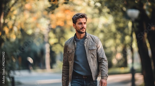 A handsome guy walking through a city park, wearing a contemporary casual jacket in a sober color, with a relaxed expression