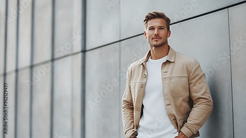 A handsome man standing confidently outdoors, dressed in a minimalist casual outfit in soft neutral colors, hands in pockets