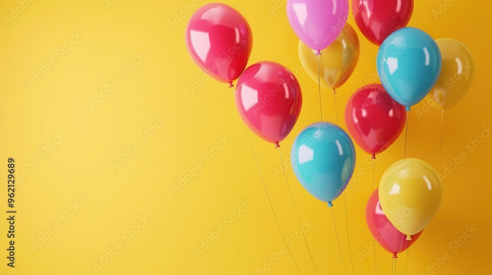 vibrant colorful helium balloons floating against yellow wall party celebration background vibrant colorful helium balloons floating against yellow wall party celebration background